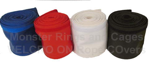 Velcro on boxing ring rope covers feature quick and easy installation directly over top of your existing ring ropes.  Monster Rings and Cages keeps these in stock.
